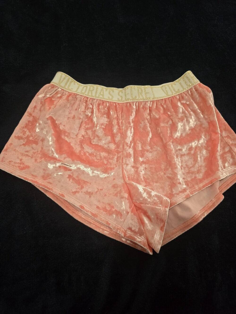 Victoria's Secret Peach Velvet Lounge Shorts with Gold Logo Waistband